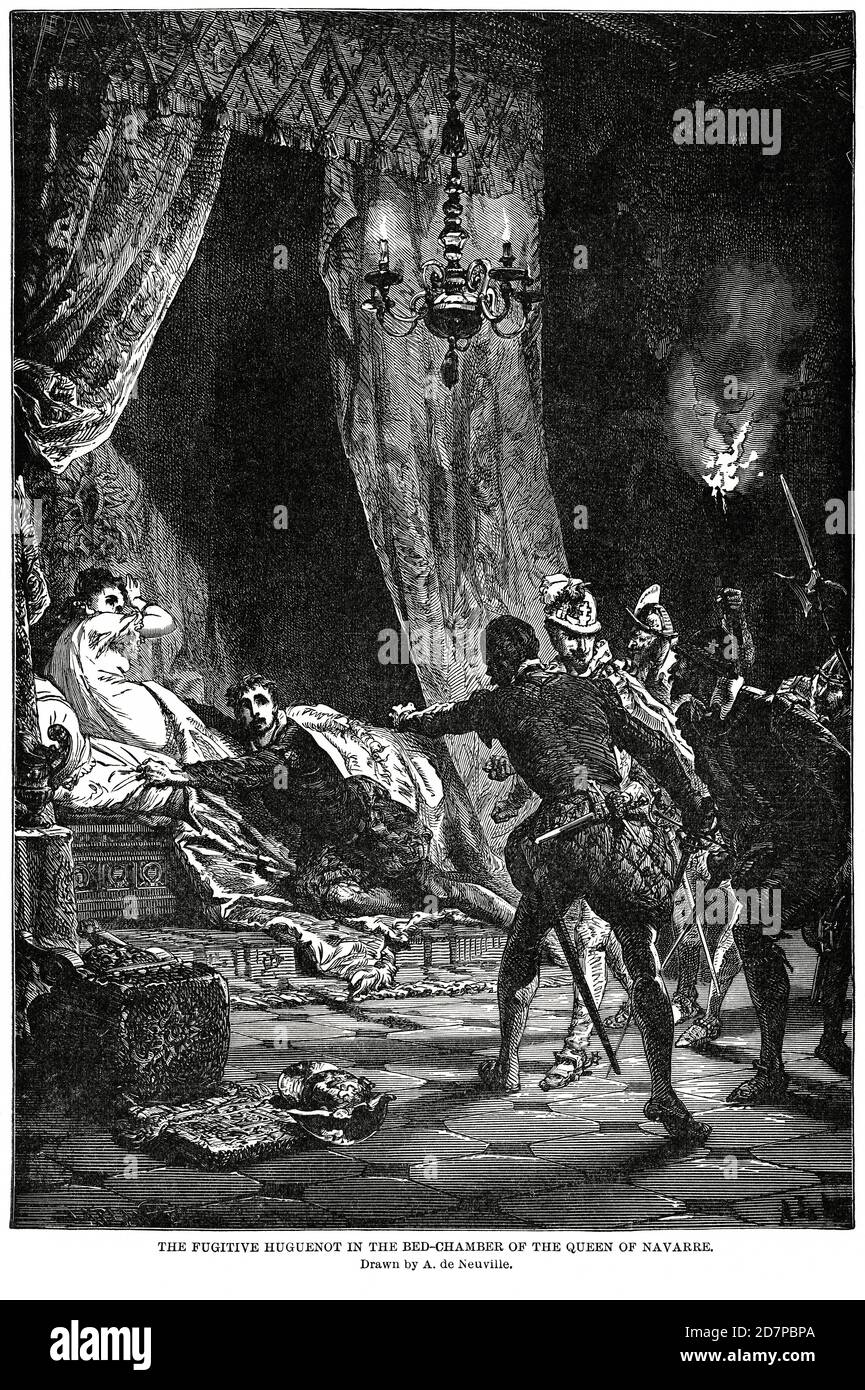 Le fugitif Huguenot dans le lit-chambre de la reine de Navarre, dessiné par A. de Neuville, Illustration, Histoire du monde de Ridpath, Volume III, par John Clark Ridpath, LL. D., Merrill & Baker Publishers, New York, 1897 Banque D'Images