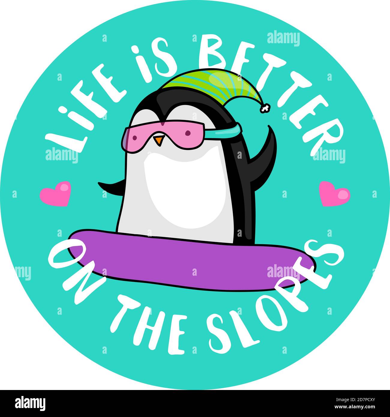 Mignon dessin animé snowboard pingouin et la citation la vie est meilleure sur les pentes Banque D'Images