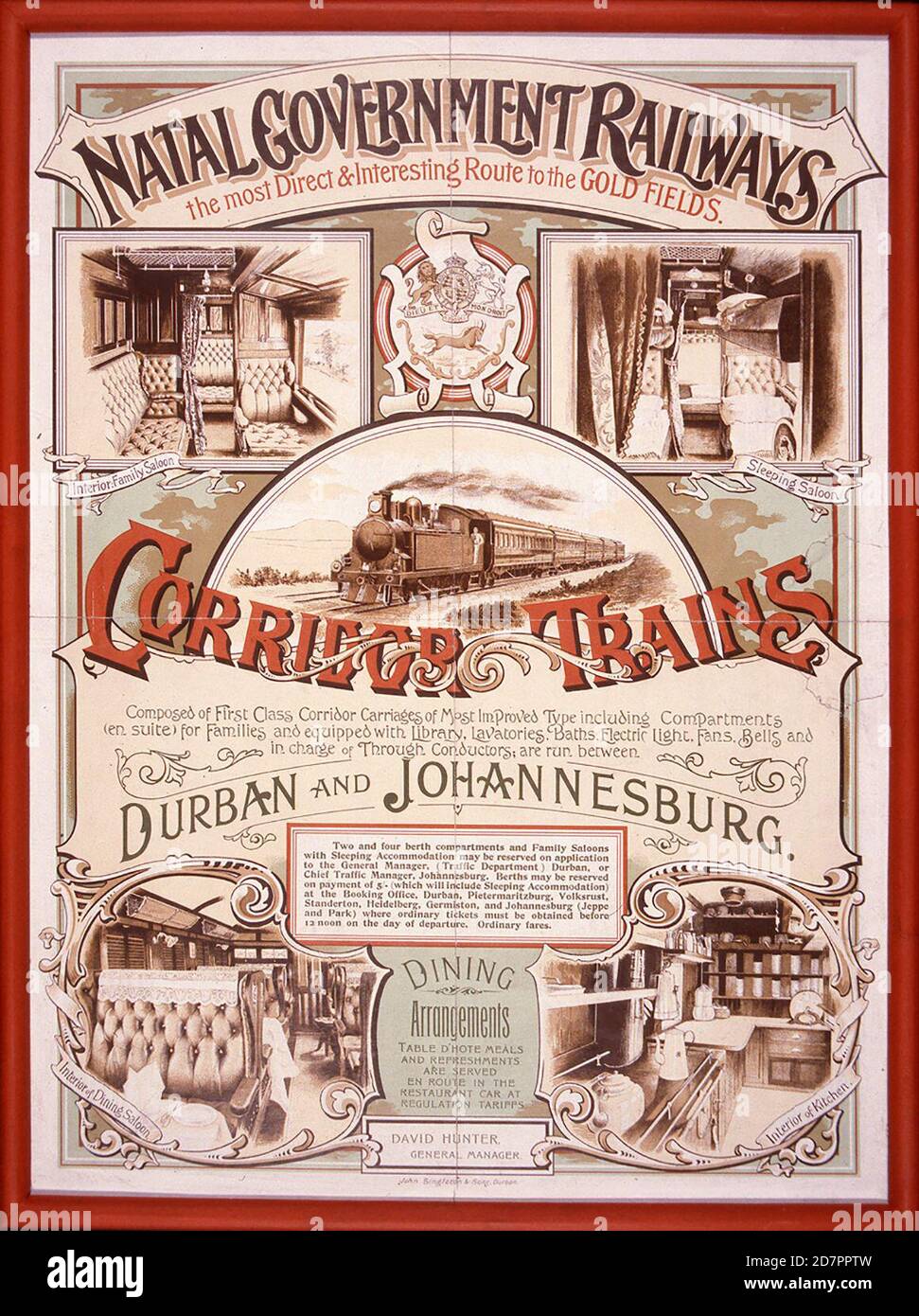 Histoire de l'Afrique du Sud : affiche de l'époque édouardienne annonçant le voyage ferroviaire entre Durban et Joahnnesburg sur les chemins de fer du Gouvernement Natal. Les autocars de couloir annoncés ont été introduits par le NGR en 1903 et le NGR a été absorbé dans les chemins de fer sud-africains le 1er janvier 1912. CA. 1er janvier 1905 Banque D'Images