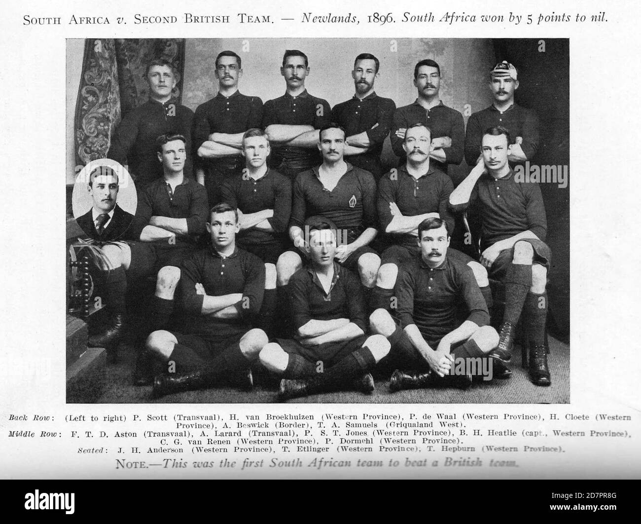 Histoire de l'Afrique du Sud : la première équipe de rugby sud-africaine à vaincre une équipe britannique itinérante ca. 5 septembre 1896 Banque D'Images