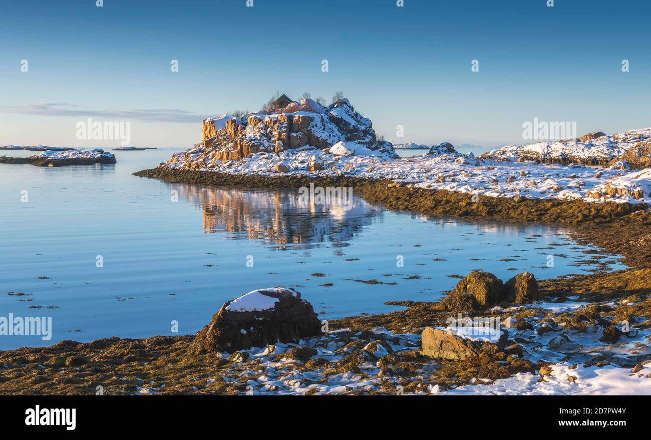 Baie d'hiver enneigée avec herbe de mer à marée basse, mer bleue, maison en bois sur l'île rocheuse, Nordland, Lofoten, Norvège Banque D'Images