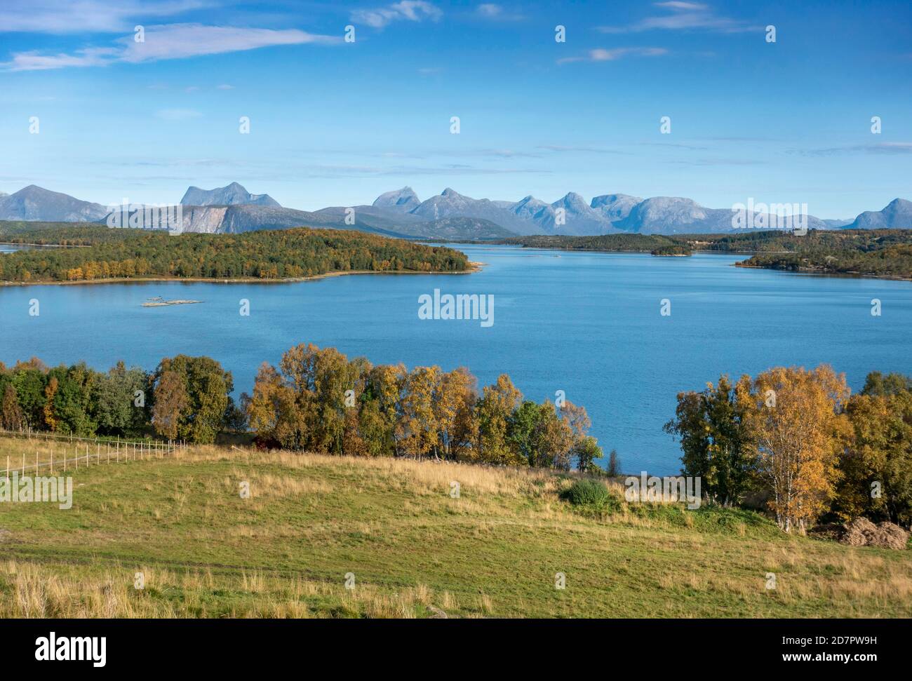 Pâturages, derrière le paysage et la chaîne de montagnes du fjord, Nordland, Norvège Banque D'Images
