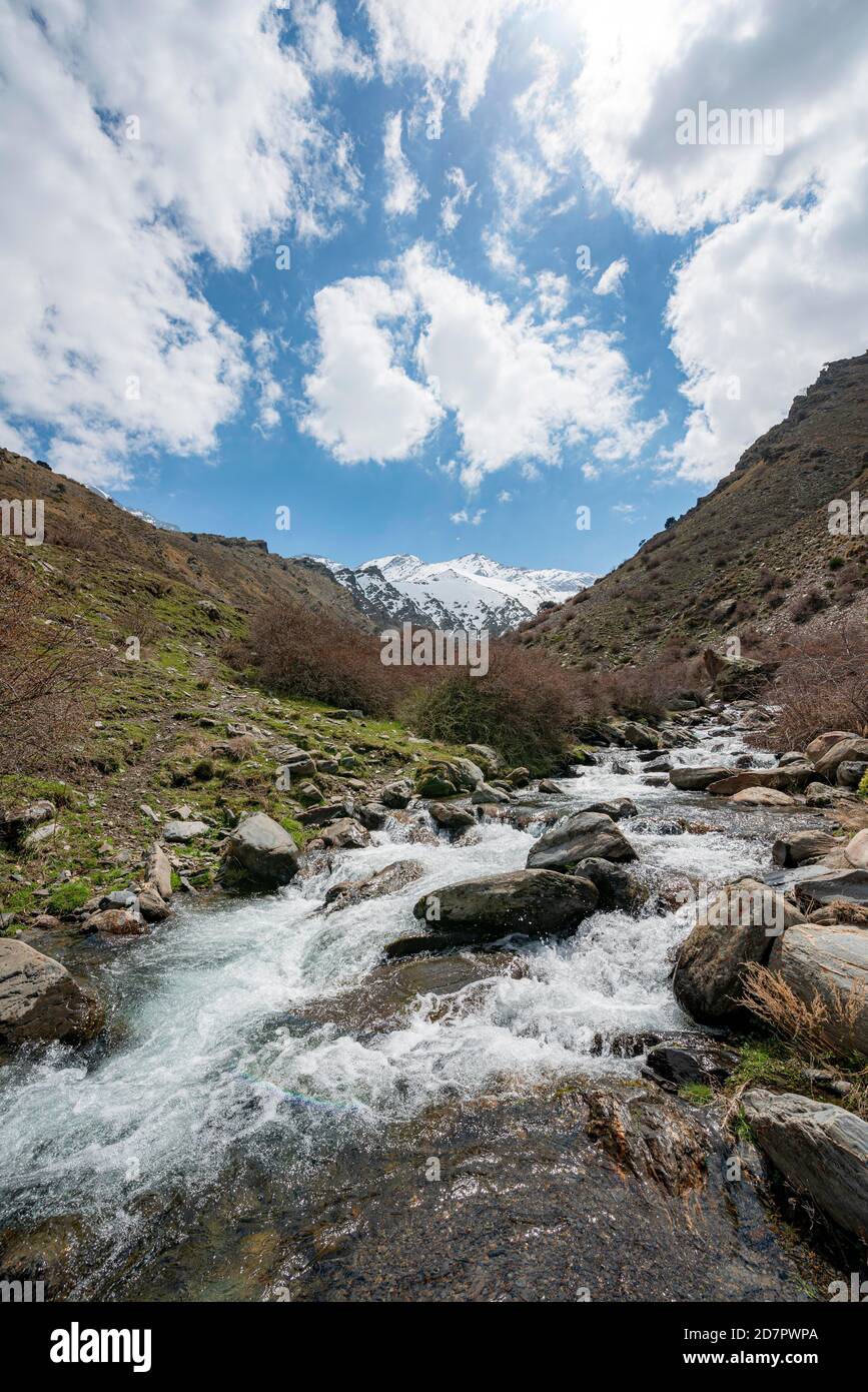 Ruisseau de montagne Rio Valdeinfierno, sentier de randonnée près de Junta de los Rios, derrière la Sierra Nevada avec les sommets de Mulhacen et la Alcazaba, enneigés Banque D'Images