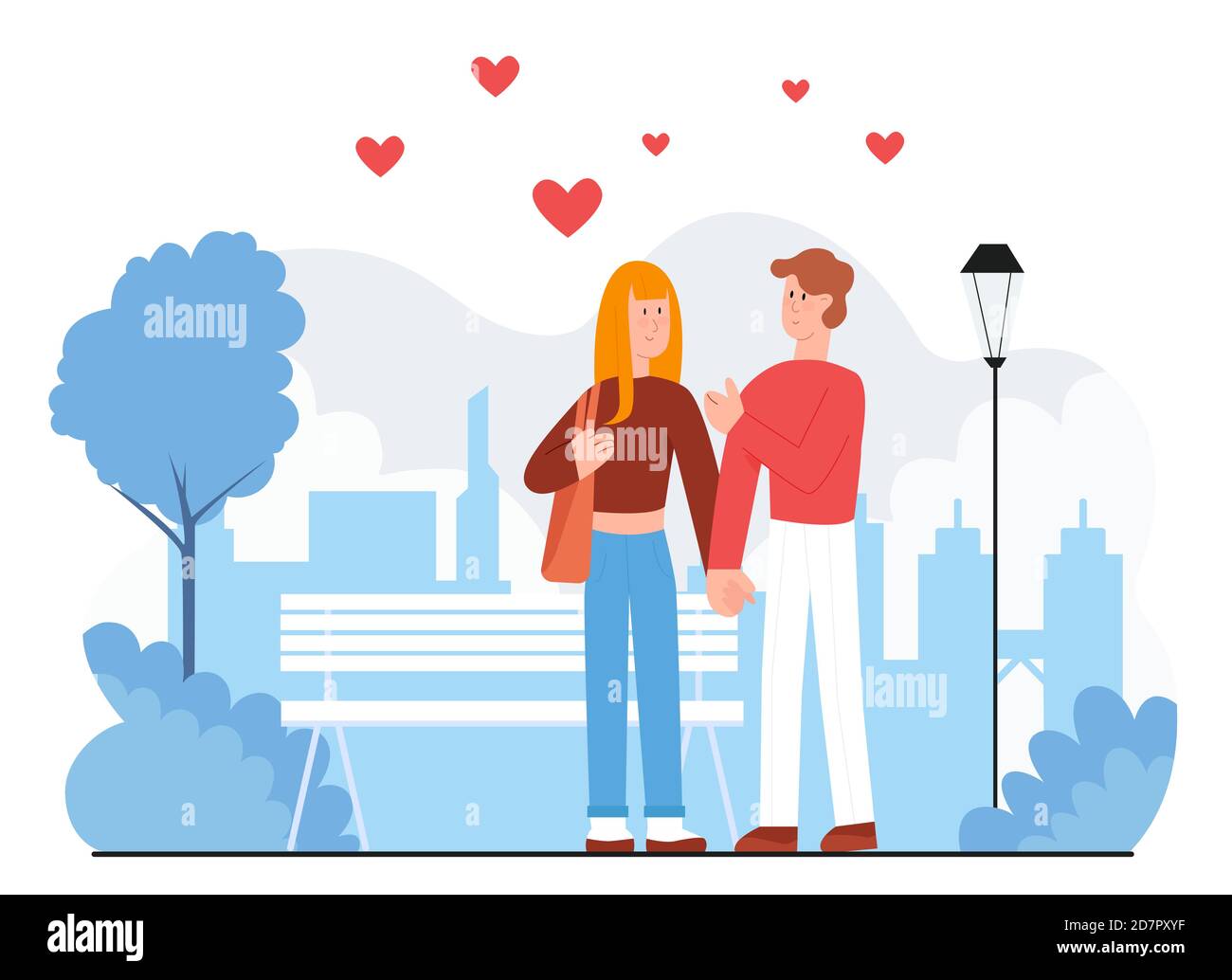 Illustration vectorielle de couple en plein air. Caricature bonne jeune femme homme amant personnages main ensemble, adultes marchant dans la rue de la ville avec coeur aimant au-dessus isolé sur blanc Illustration de Vecteur