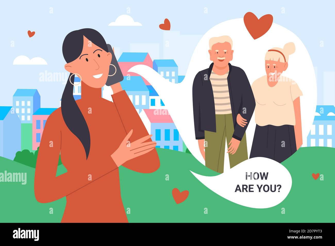 Illustration du vecteur d'appel des parents. Caricature jeune femme heureuse personnage avec mobile téléphone cellulaire marcher dans la rue de la ville, parler avec de vieux grands-parents à distance, l'amour aux parents relations de fond Illustration de Vecteur
