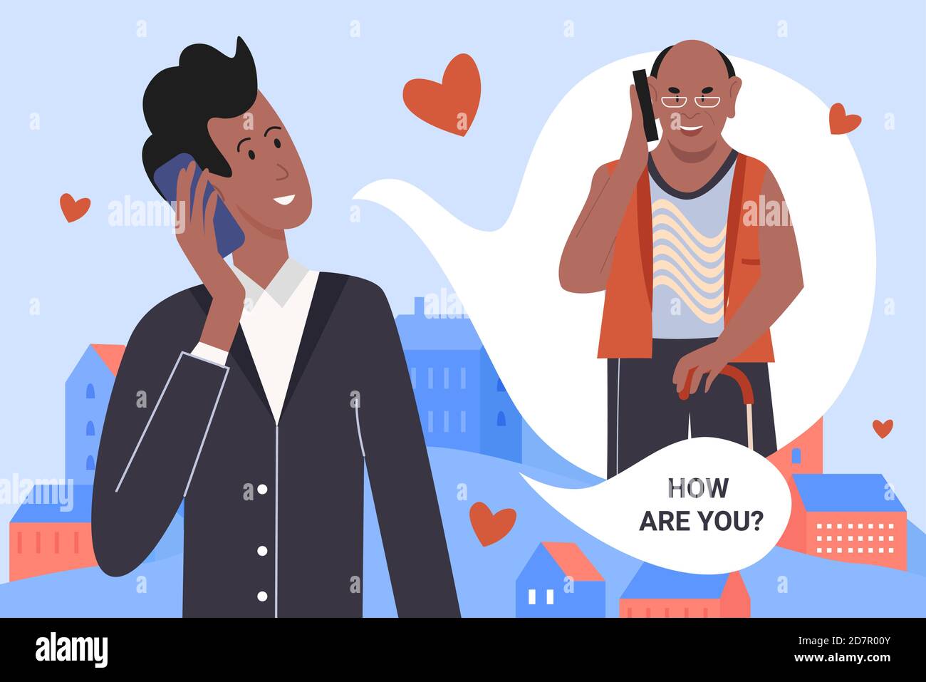 Homme appelant l'illustration du vecteur parent. Homme d'affaires de dessin animé en costume noir debout avec un smartphone à la main, communiquant avec le vieux père ou grand-père âgé, arrière-plan de communication à distance de famille Illustration de Vecteur