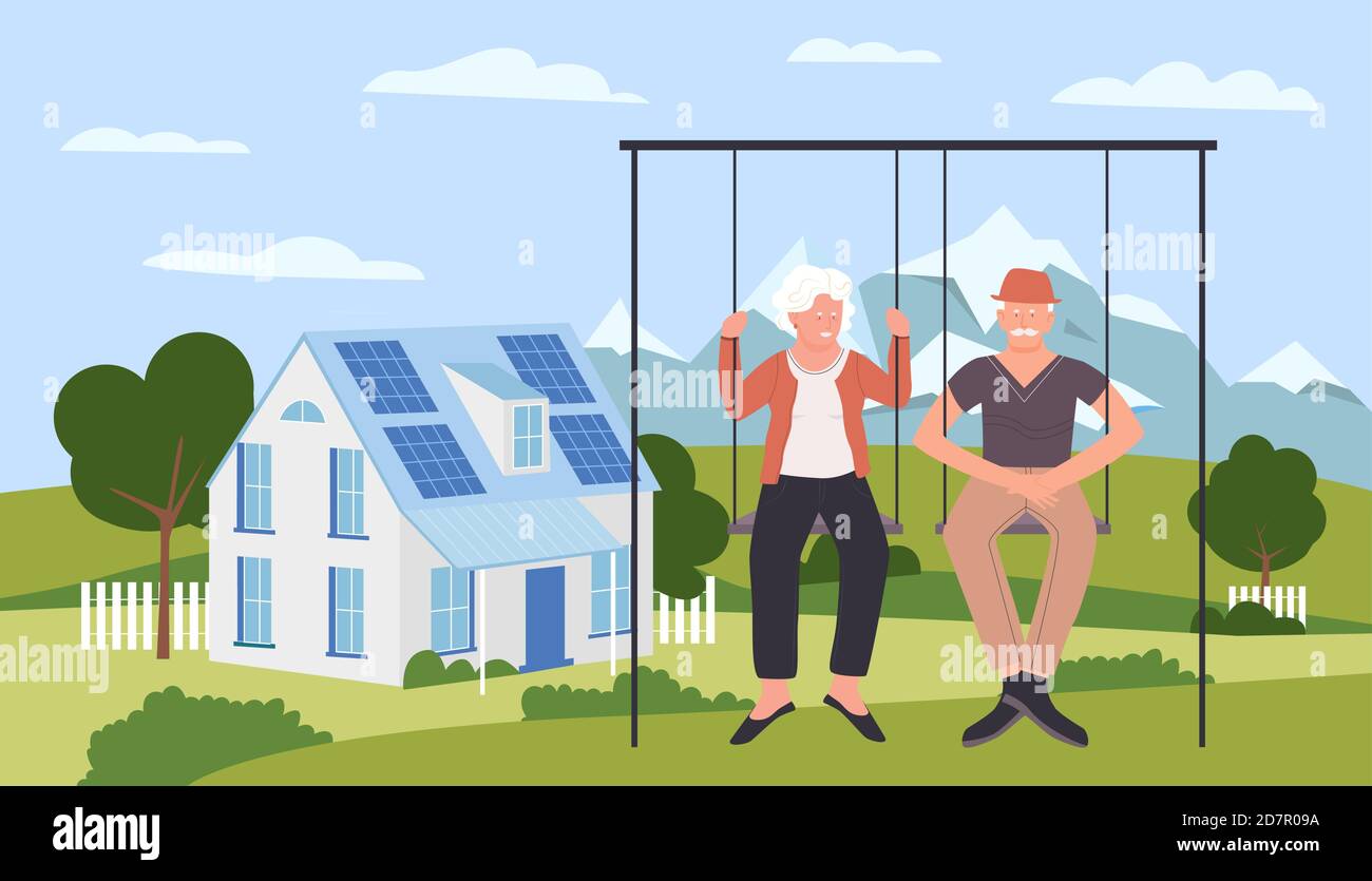 Les couples âgés passent du temps à illustrer les vecteurs. Dessin animé vieux heureux homme femmes personnages assis sur balançoire, grand-père actif drôle et grand-mère dans l'arrière-plan d'activité de nature extérieure Illustration de Vecteur