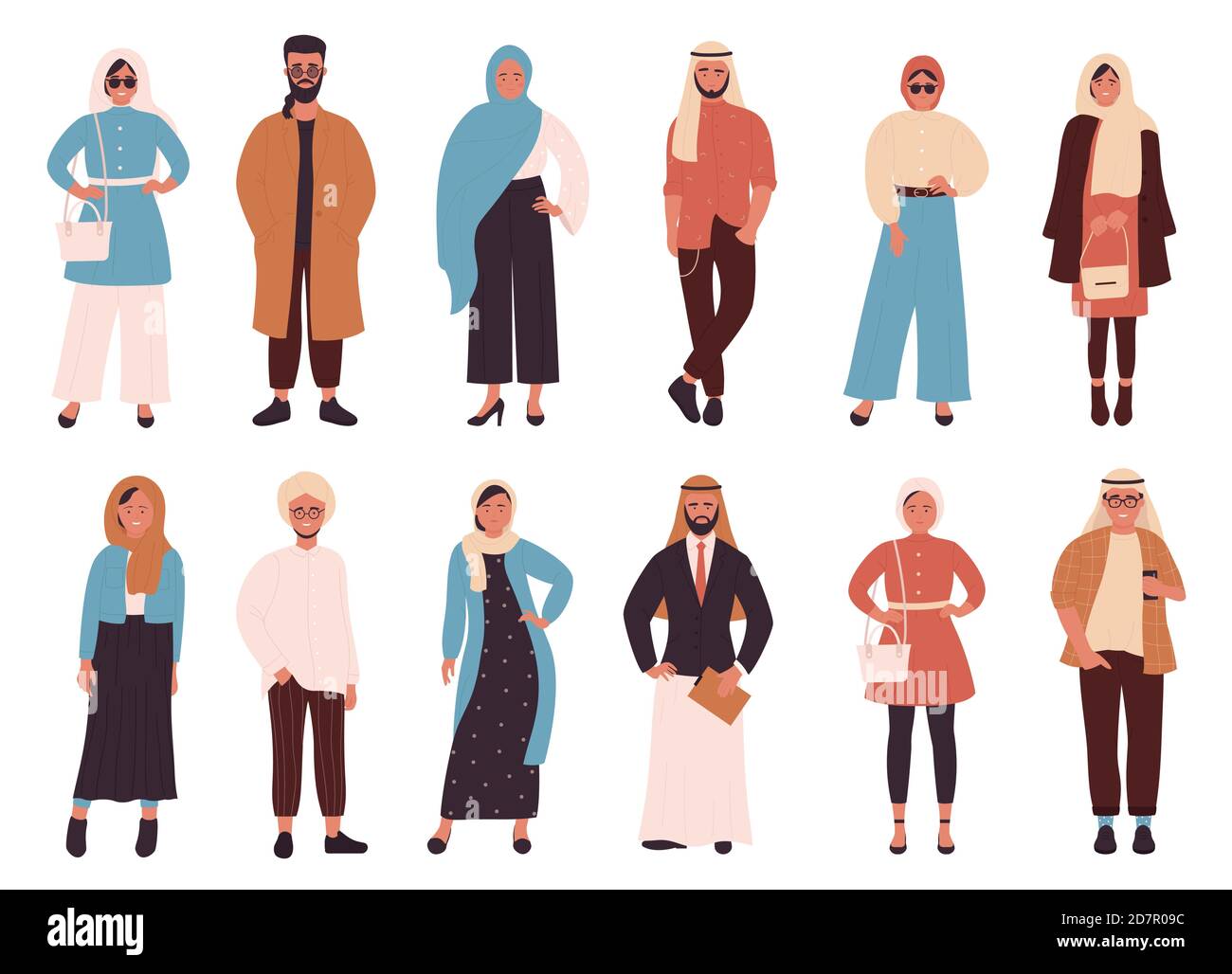 Jeu d'illustrations vectorielles de mode pour les musulmans. Dessin animé plat arabe vêtements modernes à la mode pour femme et homme musulmans, personnages féminins dans hijab, vêtements arabes saoudiens isolés sur blanc Illustration de Vecteur