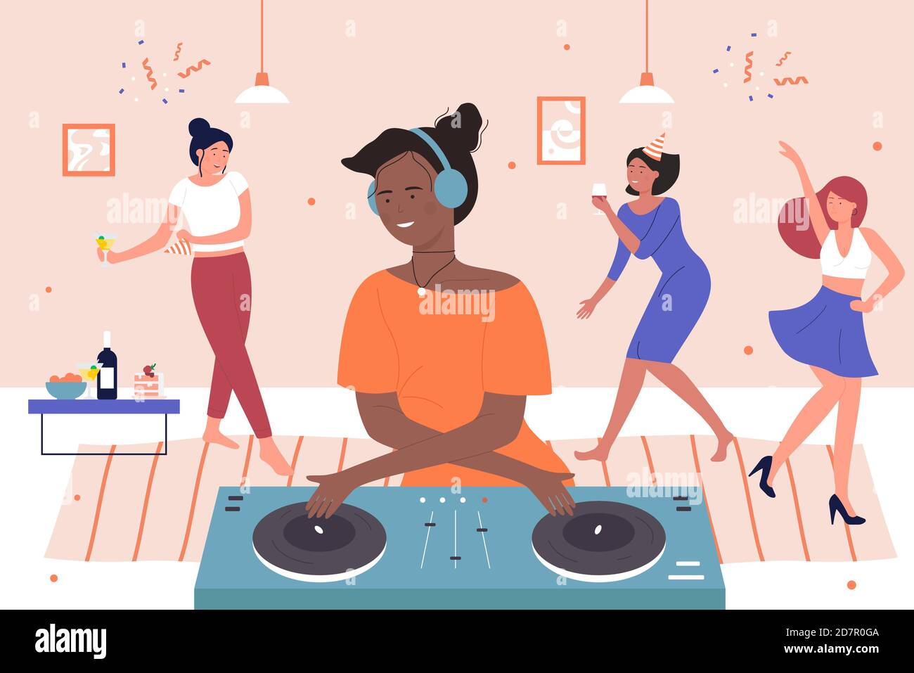 Bonne fête entre amis avec illustration vecteur DJ. Caricature jeune femme noire personnage mélangeant de la musique numérique moderne sur des platines, des gens dansant, boire du vin à la fête à la maison Illustration de Vecteur