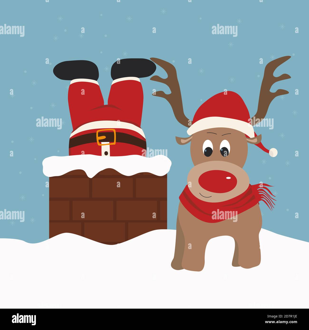 Le Père Noël est resté dans la cheminée et renne sur le toit recouvert de neige. Concept Noël et nouvel an. Copier l'espace pour le texte ou la conception Illustration de Vecteur