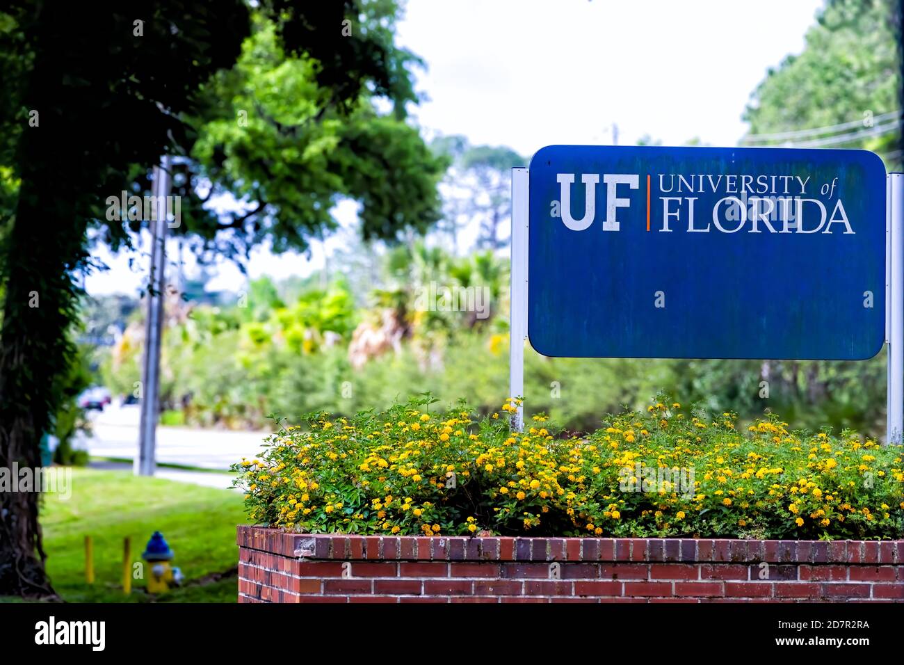 Gainesville, États-Unis - 27 avril 2018 : panneau pour l'entrée au campus de l'Université de Floride de l'UF dans l'État central avec personne et décorations florales Banque D'Images