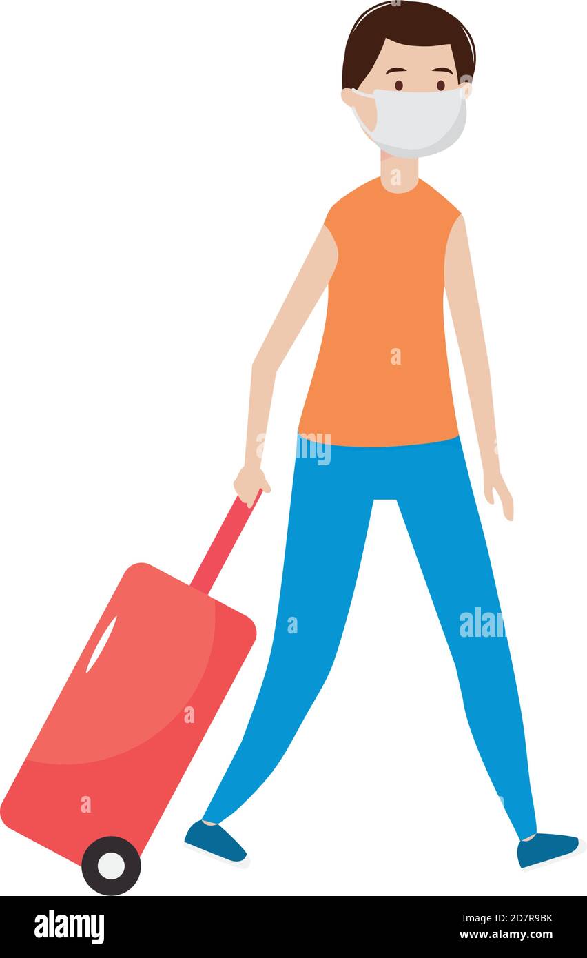 dessin animé jeune homme avec valise de voyage sur fond blanc, modèle ...