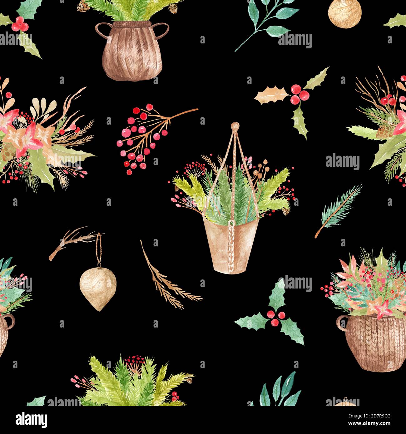 Motif sans couture motif floral hivernal sur fond noir. Collection botanique d'éléments décoratifs pour les invitations de mariage de Noël, postc Banque D'Images