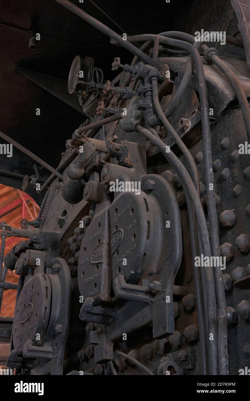 Les vannes de commande de la locomotive à vapeur sur l'affichage à la B&O Railroad Museum, Baltimore, Maryland, USA. Banque D'Images