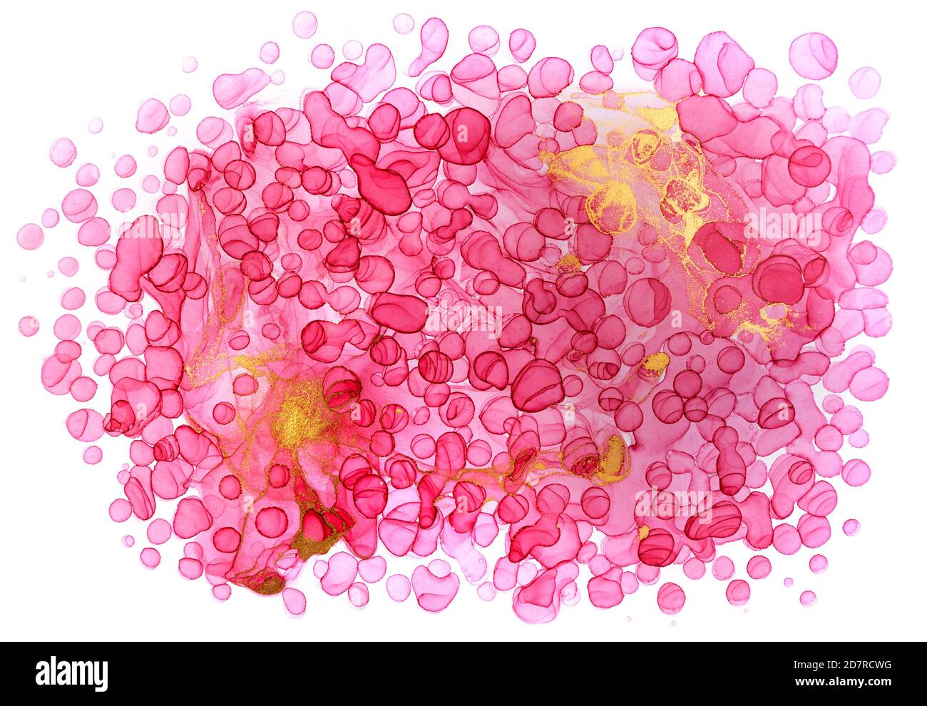 Gouttes d'aquarelle rose et or transparentes sur fond blanc. Imitation de texture de bulles. Banque D'Images