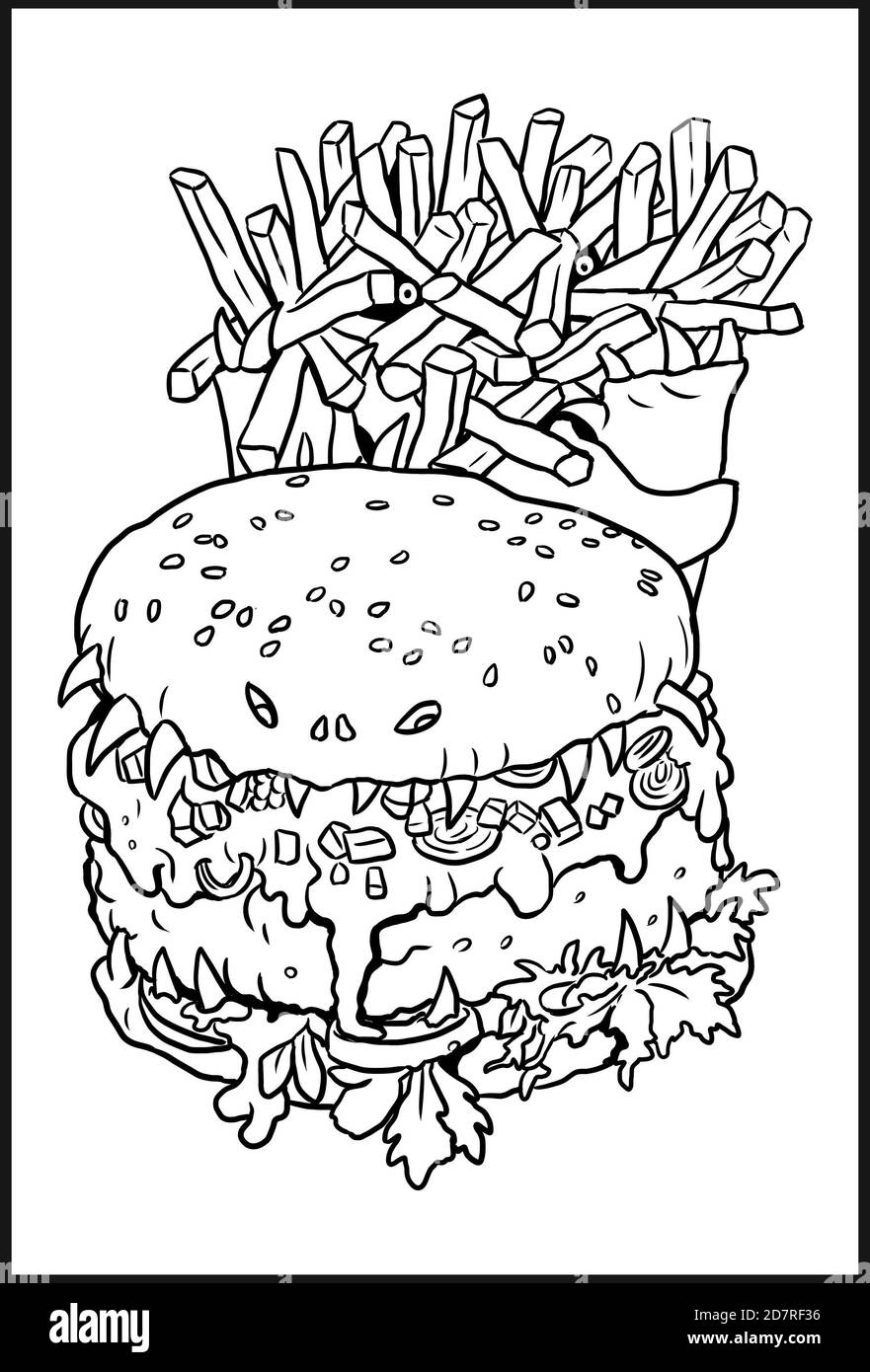 Dessin de hamburgers et de frites monstrueuses. Modèle de coloriage pour Halloween. Banque D'Images