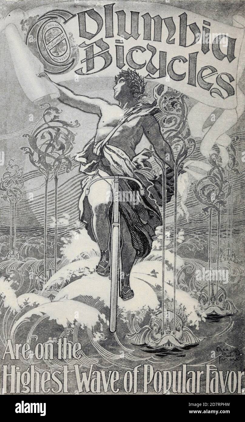 Exposition des affiches Columbia de Pope Manufacturing Company, Boston, en 1896. Ces affiches ont été inscrites à un concours organisé par le fabricant de bicyclettes pour trouver de nouvelles idées de publicités. Le premier prix était 1 vélo et 250$ en espèces. La deuxième place était 1 vélo et 50$ en espèces et la troisième place était 1 vélo et 50$ en espèces Banque D'Images