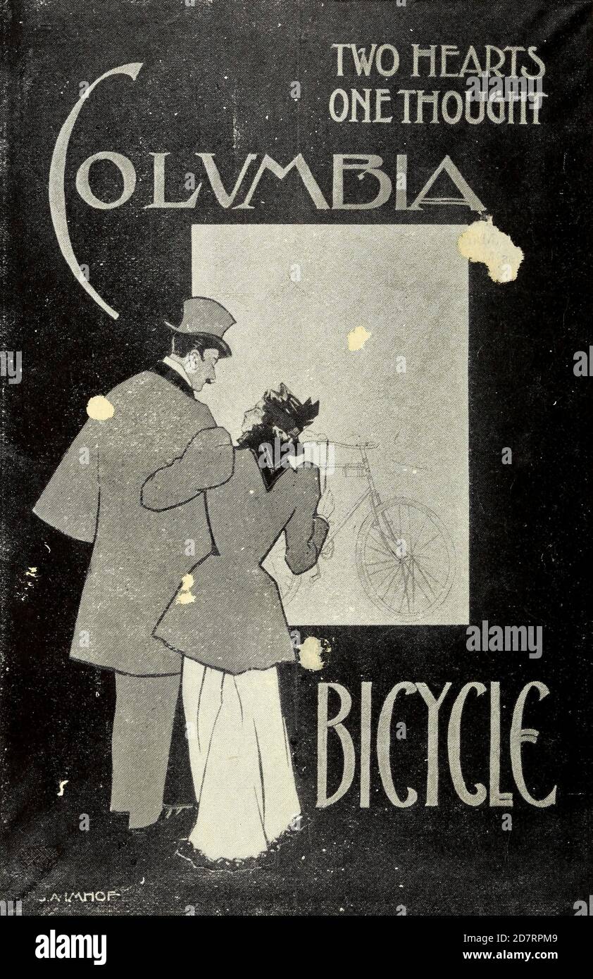 Exposition des affiches Columbia de Pope Manufacturing Company, Boston, en 1896. Ces affiches ont été inscrites à un concours organisé par le fabricant de bicyclettes pour trouver de nouvelles idées de publicités. Le premier prix était 1 vélo et 250$ en espèces. La deuxième place était 1 vélo et 50$ en espèces et la troisième place était 1 vélo et 50$ en espèces Banque D'Images
