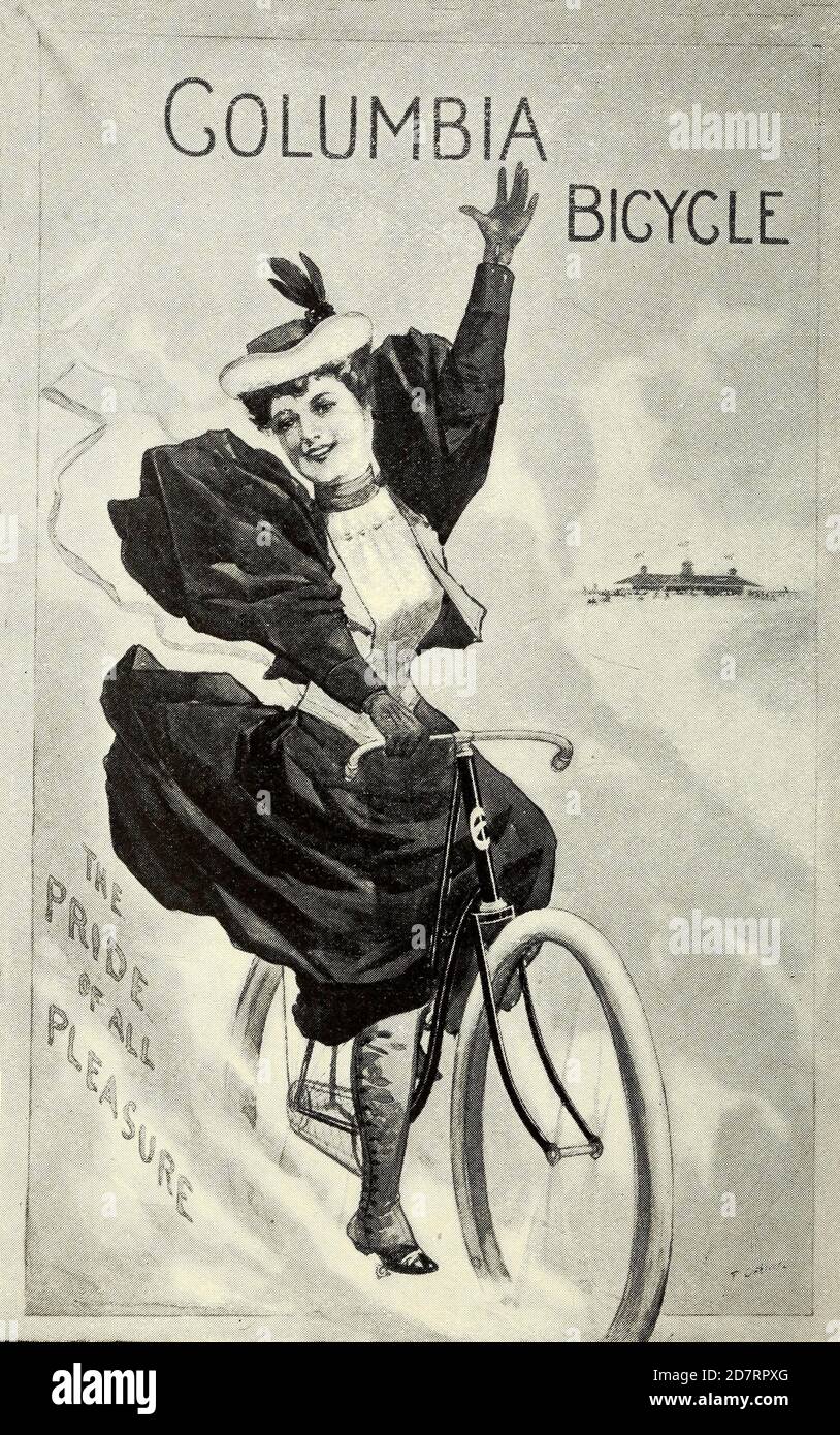 Exposition des affiches Columbia de Pope Manufacturing Company, Boston, en 1896. Ces affiches ont été inscrites à un concours organisé par le fabricant de bicyclettes pour trouver de nouvelles idées de publicités. Le premier prix était 1 vélo et 250$ en espèces. La deuxième place était 1 vélo et 50$ en espèces et la troisième place était 1 vélo et 50$ en espèces Banque D'Images