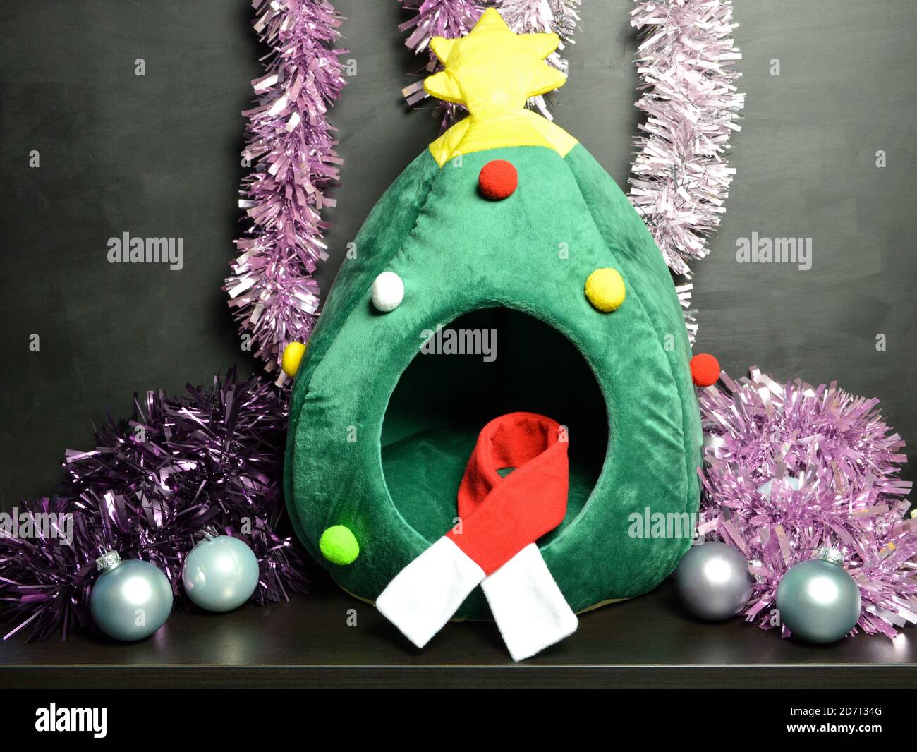 Un lit de chat de Noël dans un décor de Noël, pendant les fêtes de fin 