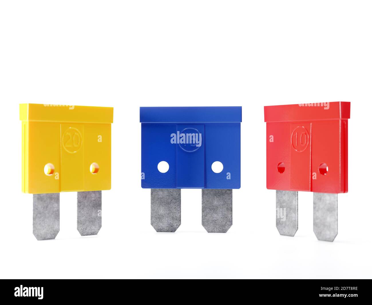 Trois fusibles de voiture tournés sur fond blanc Banque D'Images