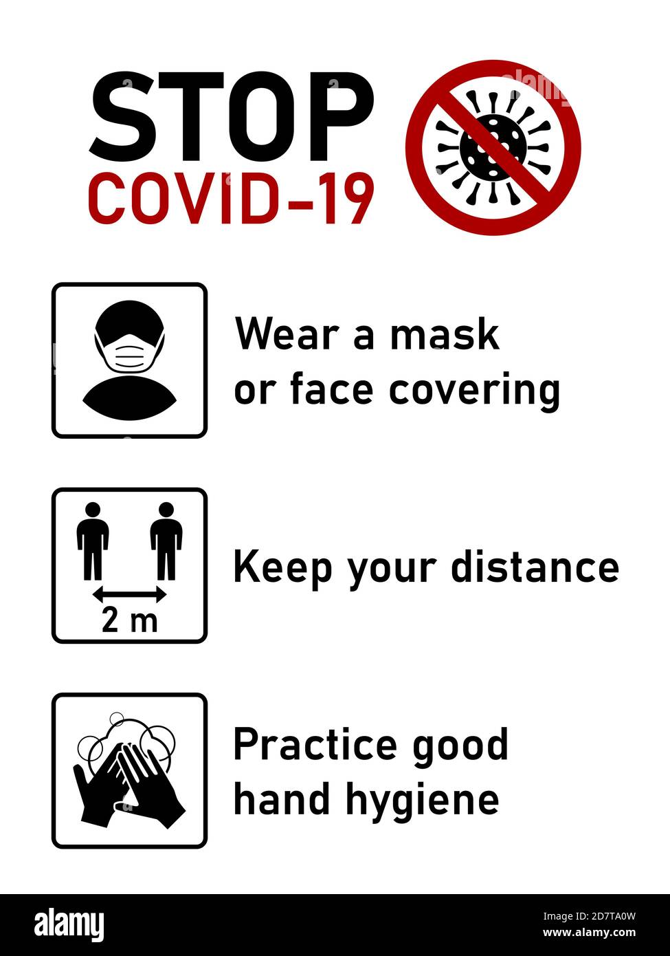 Stop Covid-19 jeu de règles du coronavirus comprenant porter un masque ou une couverture du visage, garder votre distance de 2 mètres et pratiquer une bonne hygiène des mains. Image vectorielle. Illustration de Vecteur