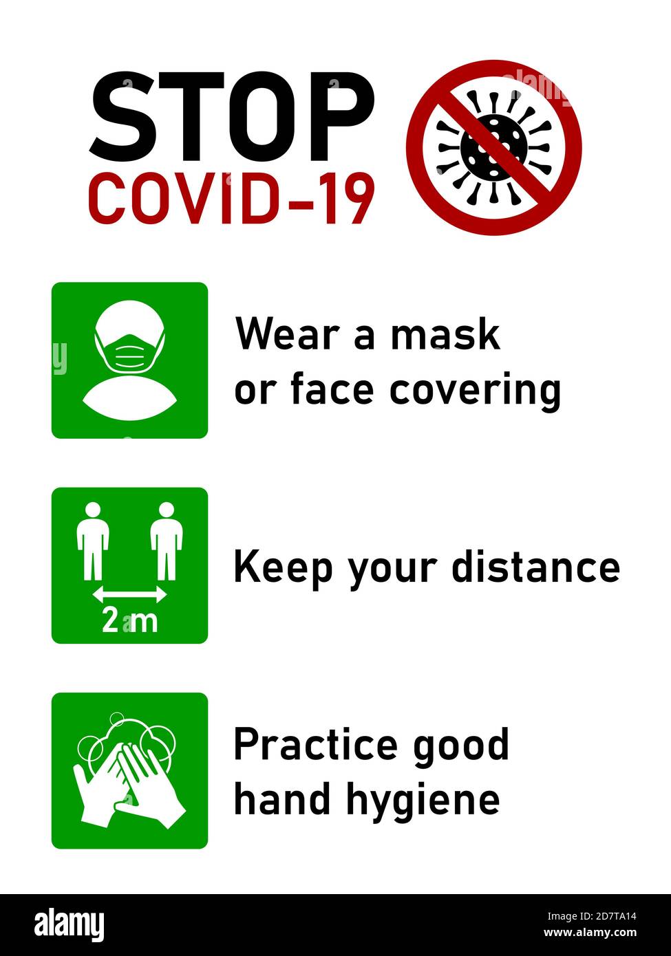 Stop Covid-19 jeu de règles du coronavirus comprenant porter un masque ou une couverture du visage, garder votre distance de 2 mètres et pratiquer une bonne hygiène des mains. Image vectorielle. Illustration de Vecteur
