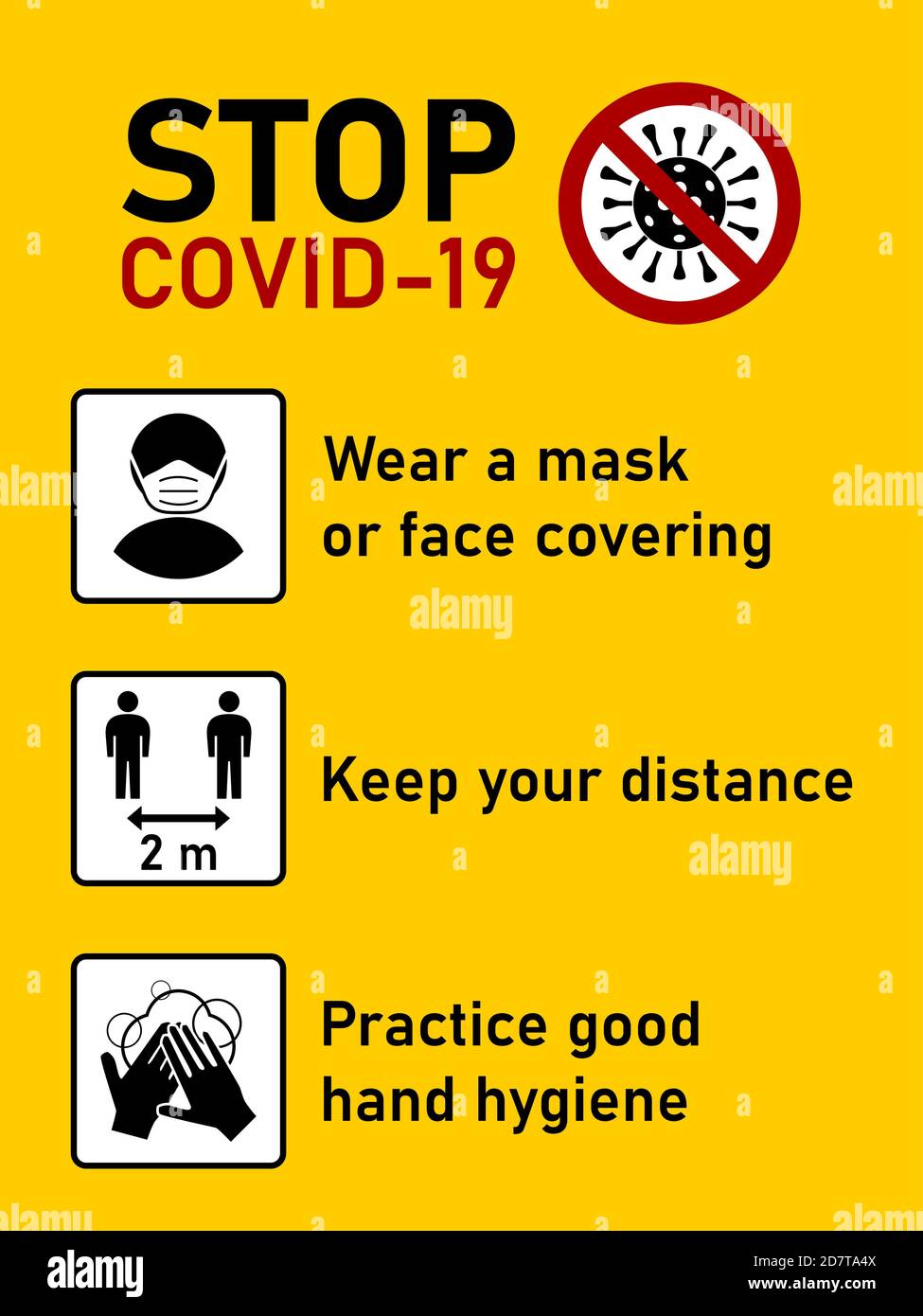 Stop Covid-19 jeu de règles du coronavirus comprenant porter un masque ou une couverture du visage, garder votre distance de 2 mètres et pratiquer une bonne hygiène des mains. Image vectorielle. Illustration de Vecteur