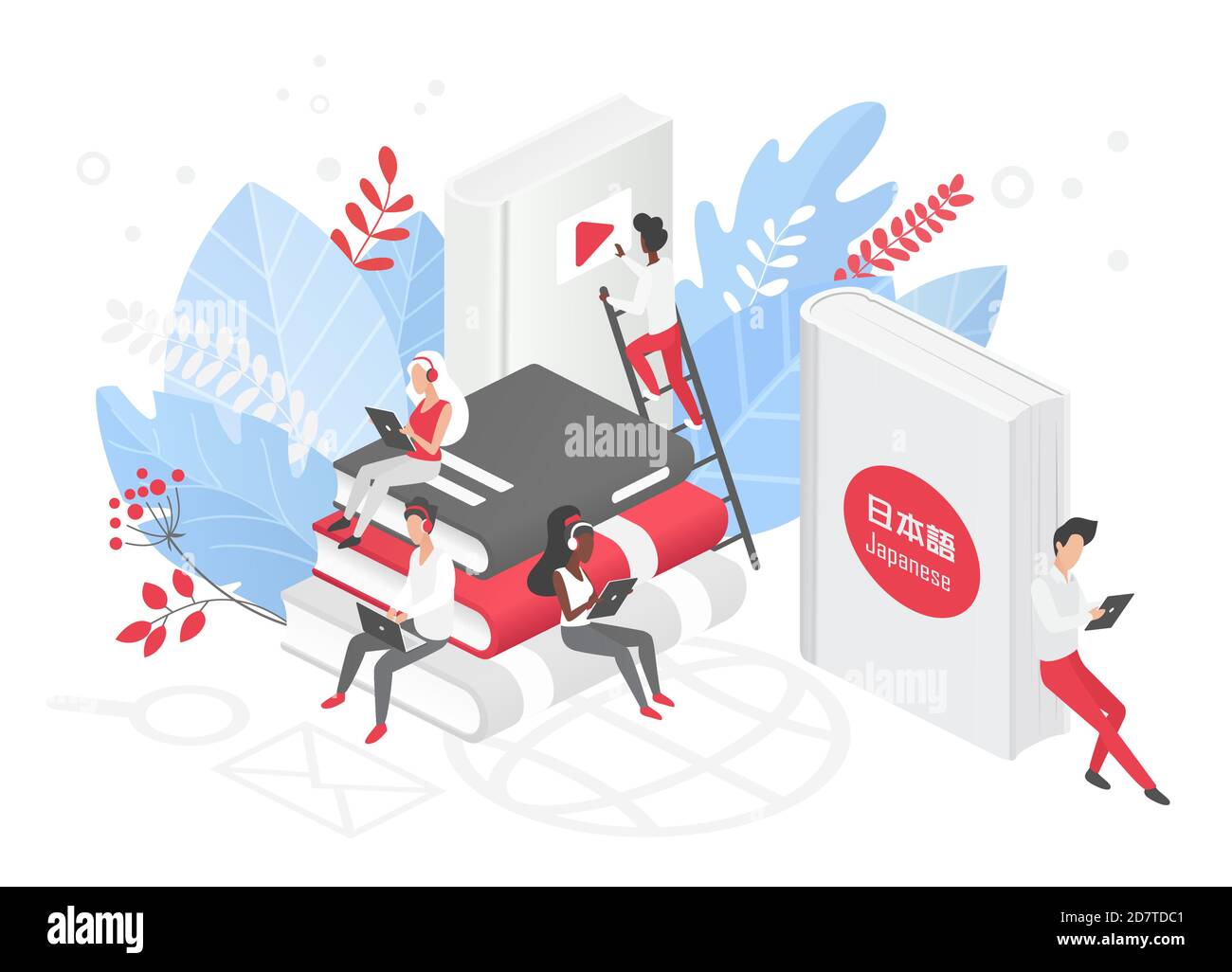 Cours de langue en ligne illustration vectorielle isométrique. Cours de langue japonaise sur Internet, e-learning, enseignement à distance, école à distance, cours universitaires japonais Illustration de Vecteur