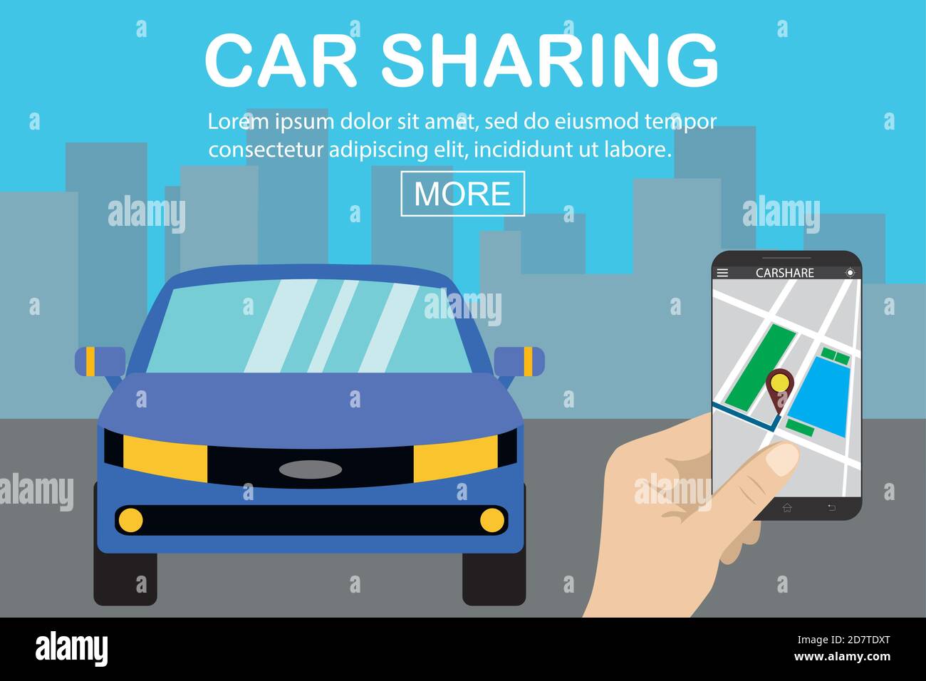 concept de partage de voiture, voiture bleue et téléphone intelligent avec env Illustration de Vecteur
