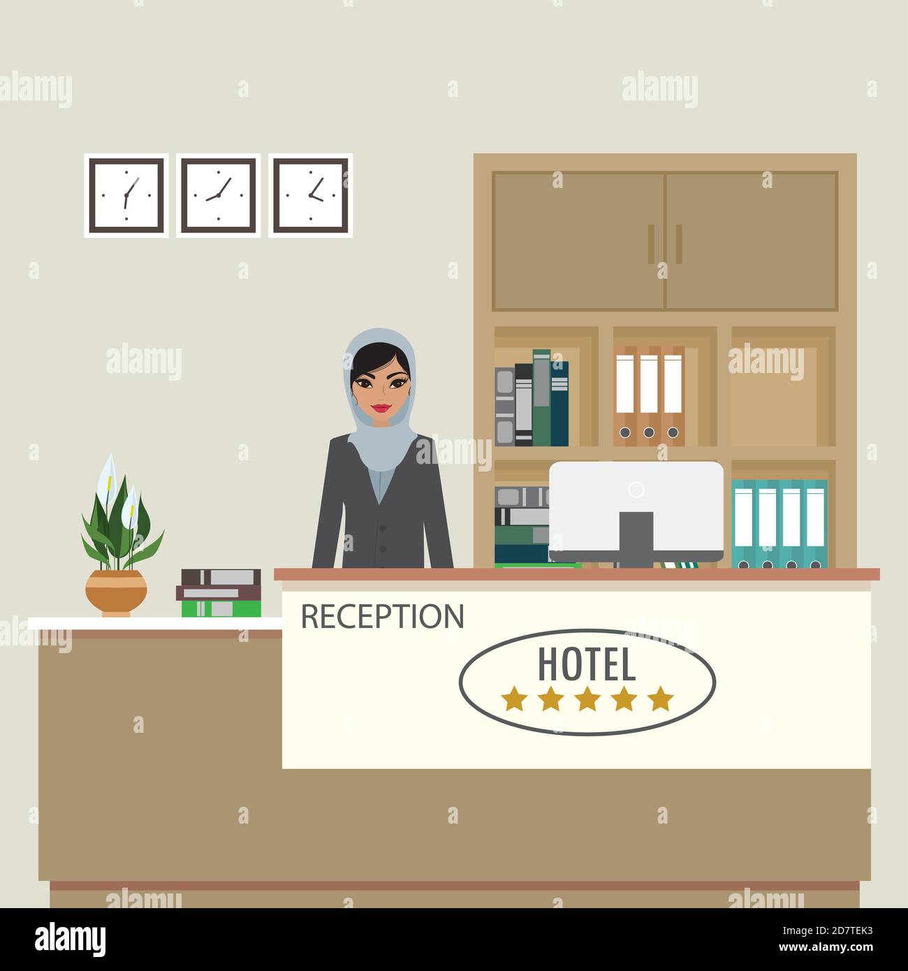 Intérieur de la réception avec mobilier et réceptionniste arabe Illustration de Vecteur