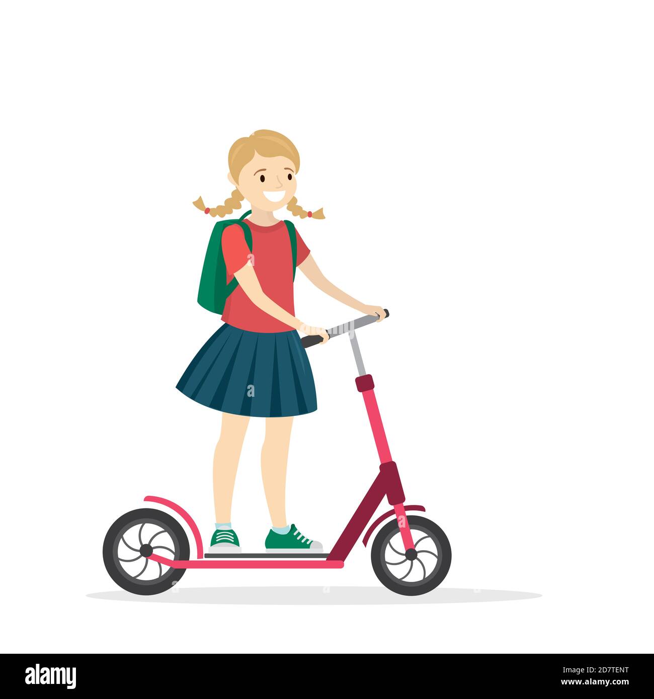Fille caucasienne sur un scooter, adolescent actif isolé sur ba blanc Illustration de Vecteur