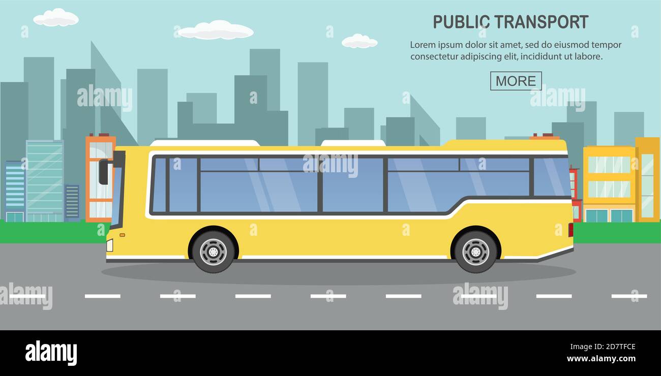 concept de transport en commun, bus de ville jaune sur route vide Illustration de Vecteur