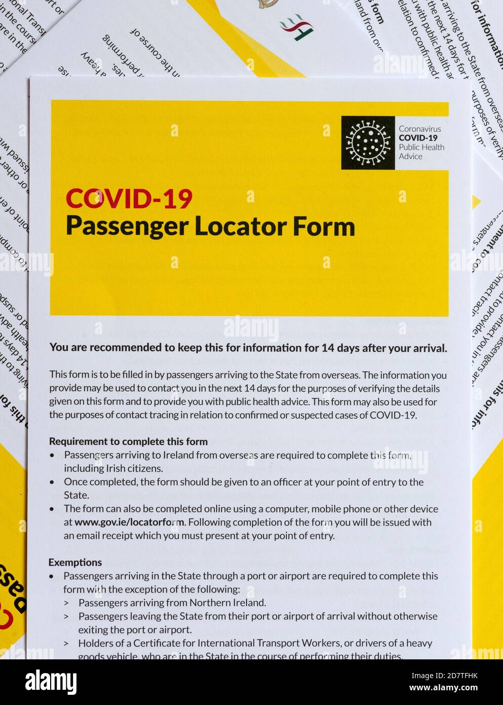 Formulaire Covid 19 Passenger Locator, tel que le document doit être rempli Avant d'arriver en République d'Irlande de l'étranger pendant La pandémie Covid 19 en Irlande Banque D'Images
