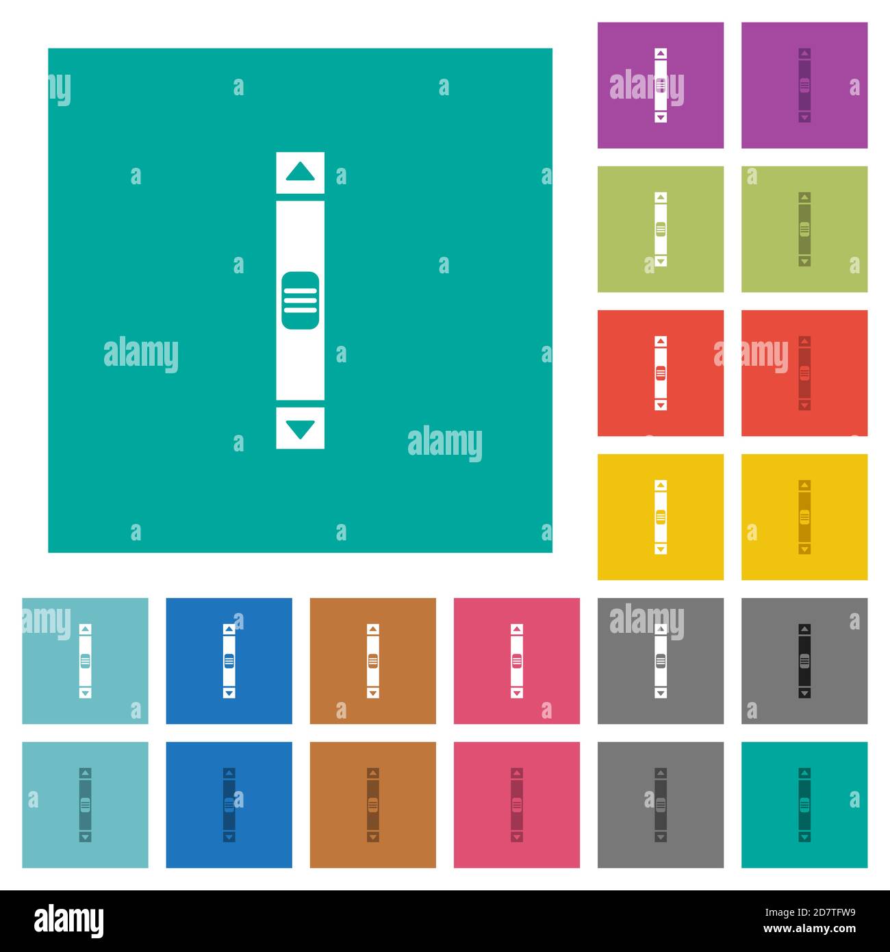 Barre de défilement verticale icônes plates multicolores sur arrière-plans carrés simples. Inclut des variantes d'icône blanche et foncée pour les effets de survol ou actifs. Illustration de Vecteur