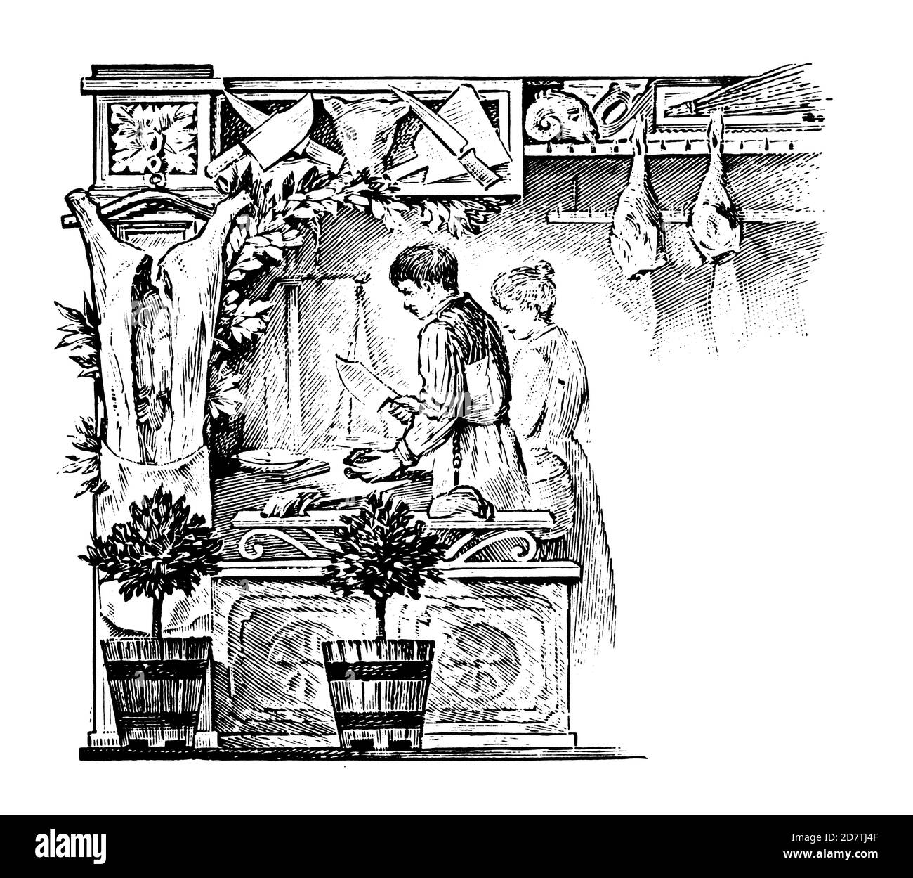 Illustration ancienne d'un boucherie (isolée sur blanc). Publié dans spécimens des divers caractères et vignettes typographiques de la fonderie Banque D'Images