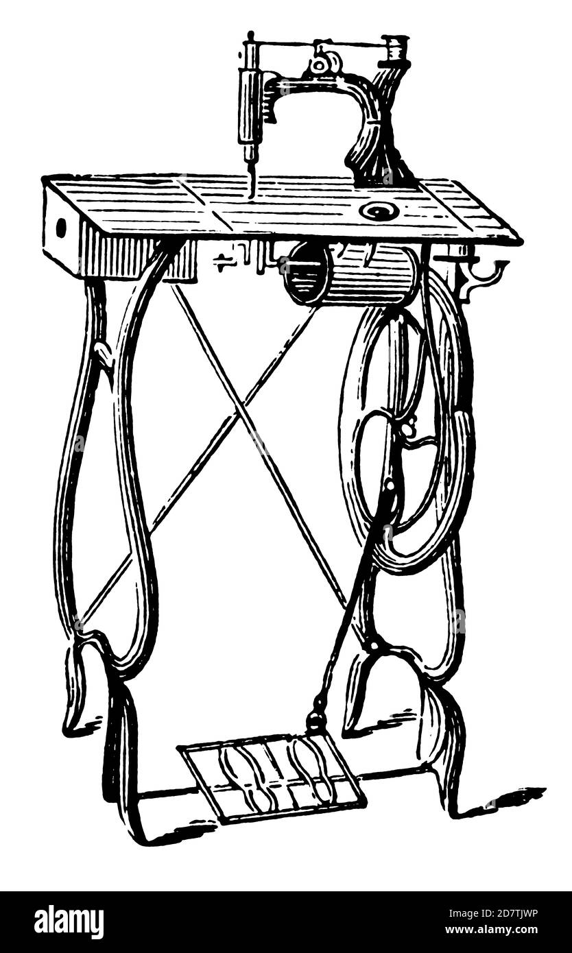 Gravure ancienne d'une machine à coudre ancienne (isolée sur blanc). Publié dans spécimens des divers caractères et vignettes typographiques de la fonte Banque D'Images