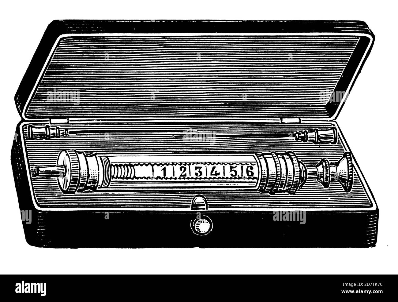 Illustration classique d'une boîte à seringues (isolée sur blanc). Publié dans spécimens des divers caractères et vignettes typographiques de la fonderie par Banque D'Images