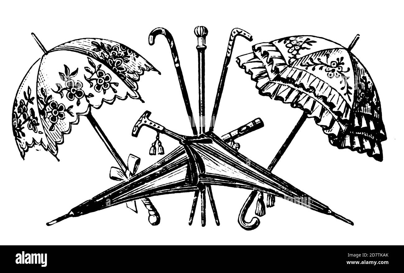 illustration de parasols du xixe siècle (isolés sur blanc). Publié dans spécimens des divers caractères et vignettes typographiques de la fonderie par Banque D'Images