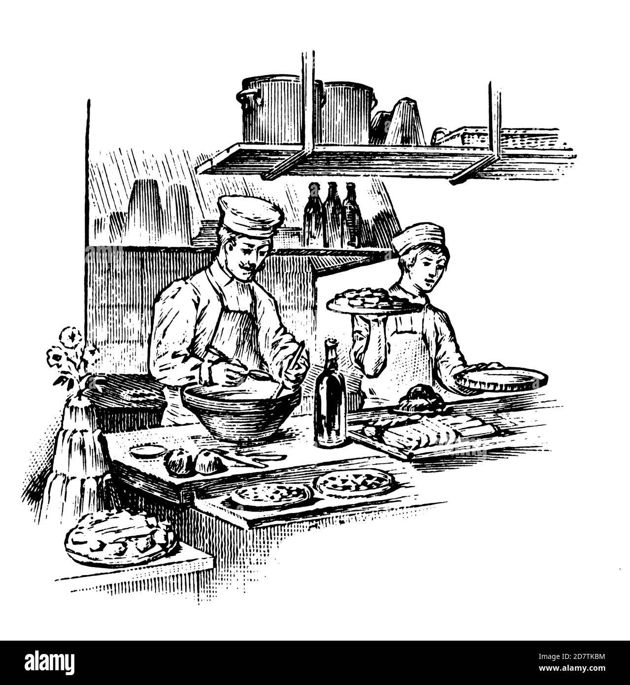 gravure du xixe siècle de deux hommes travaillant dans un restaurant (isolé sur blanc). Publié dans spécimens des divers caractères et vignettes typographiques Banque D'Images