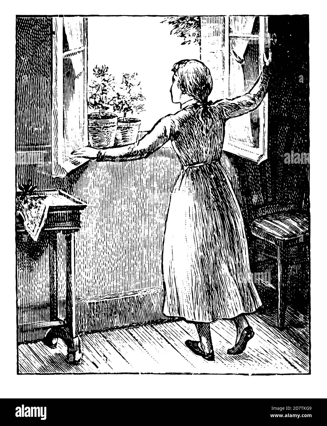 Illustration vintage d'une fille (isolée sur blanc). Publié dans les spécimens des divers caractères et vignettes typographiques de la fonderie par Laurent Banque D'Images