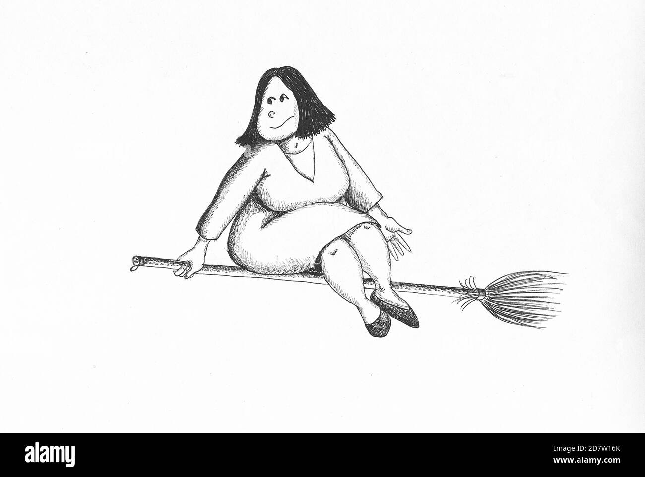 Grosse sorcière volant sur un balai. Illustration. Banque D'Images