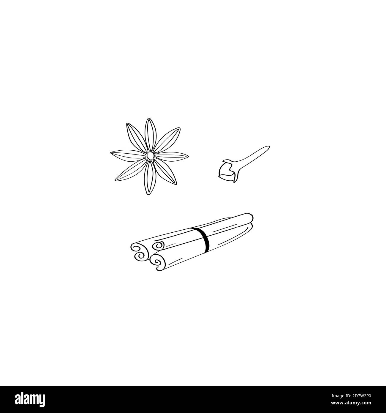 Kit d'épices. Enseigne à la cannelle. Icône anis étoilé. Masquer l'image. Illustration vectorielle Doodle dessinée à la main Illustration de Vecteur