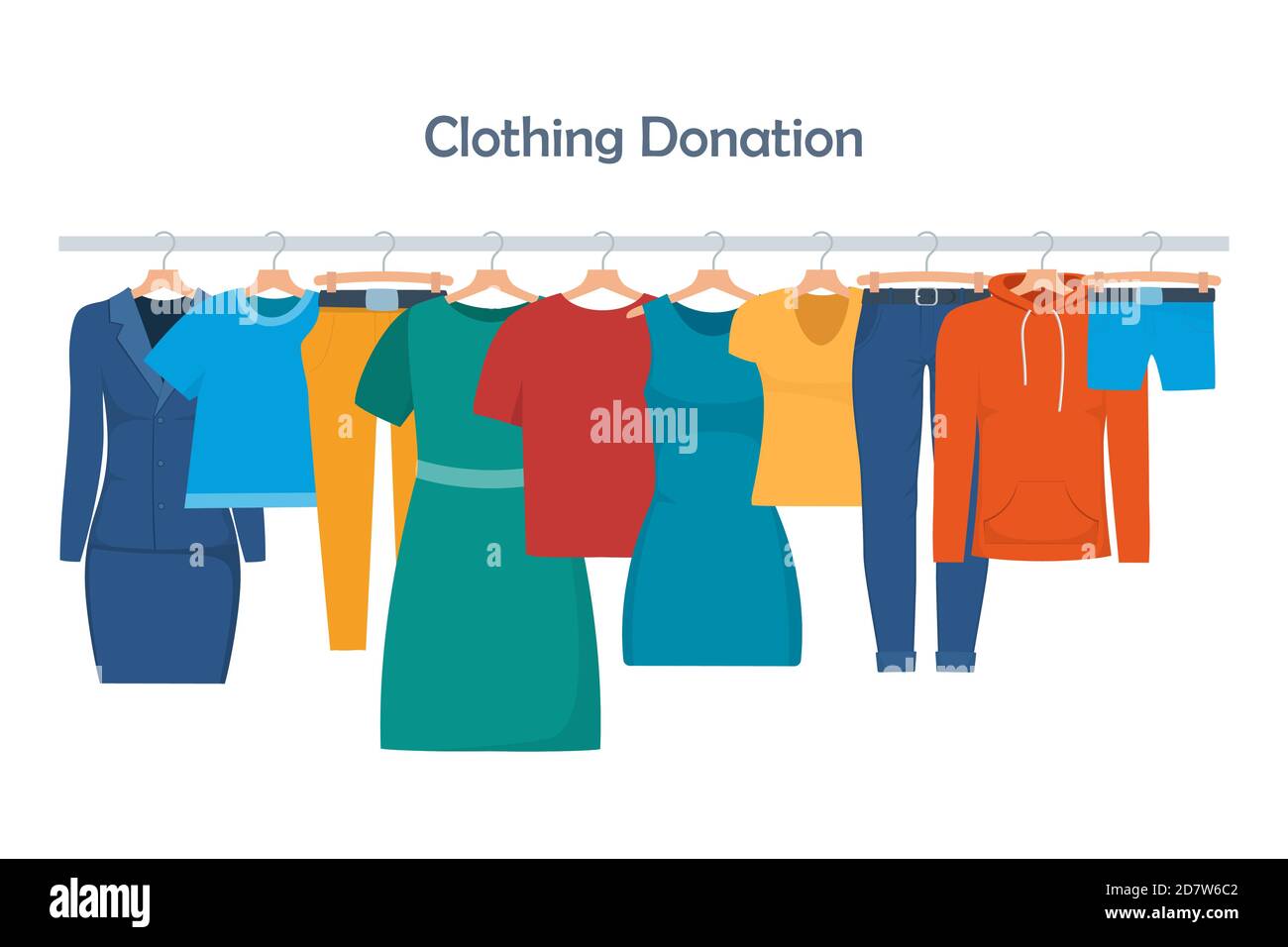 Vêtements pour don. Divers vêtements sur un cintre et dans des boîtes. Vêtements de saison gratuits et bon marché. Boutique d'occasion, produits du marché aux puces. Faire don de vêtements Illustration de Vecteur