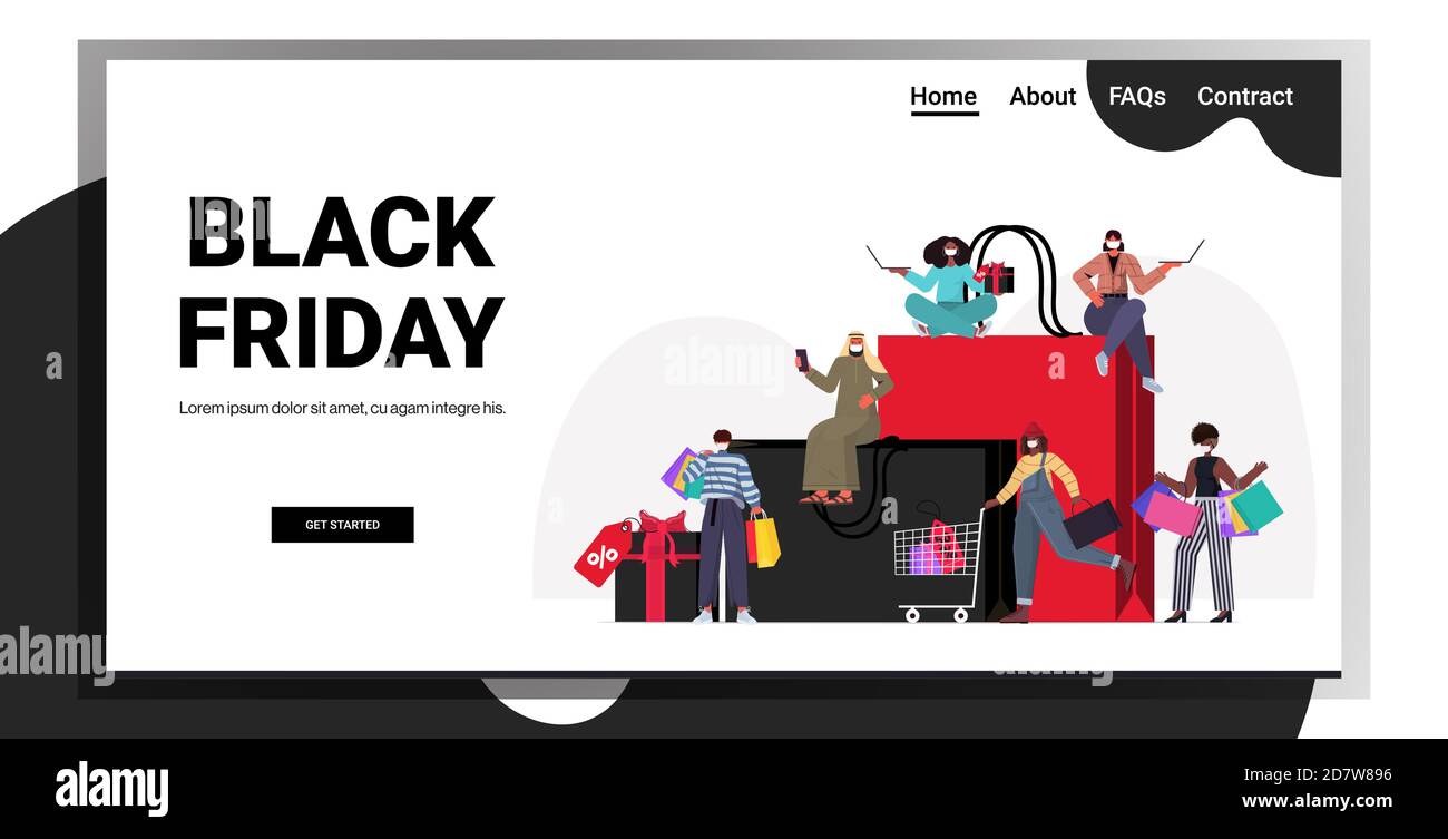 mélangez les personnes de course dans des masques avec des sacs de shopping en choisissant et achat de vêtements noir vendredi grande vente coronavirus quarantaine concept complet illustration du vecteur de longueur horizontale de l'espace de copie Illustration de Vecteur