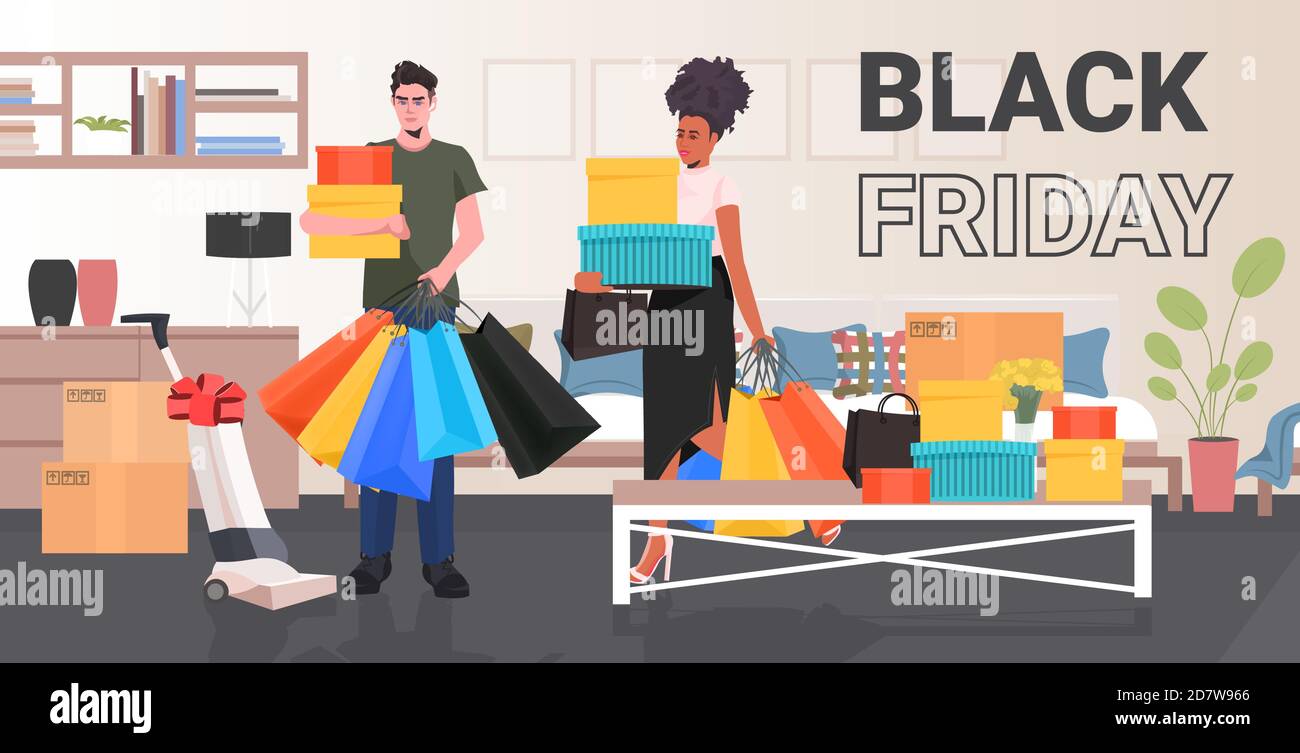 mélanger le couple de course avec des sacs de shopping colorés homme femme ayant amusant vendredi noir grande vente promotion concept de réduction salon illustration vectorielle horizontale pleine longueur intérieure Illustration de Vecteur