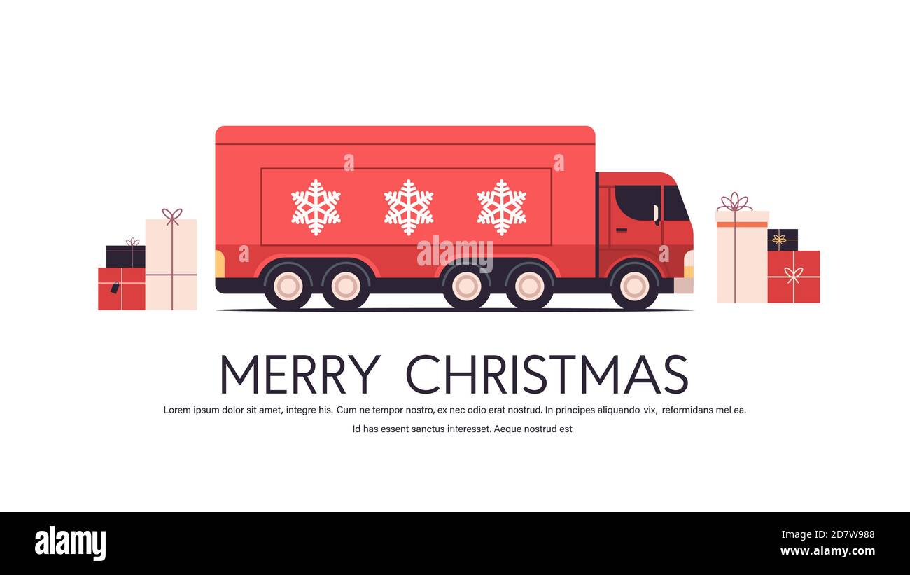 camion rouge livrant des cadeaux joyeux noël heureux nouvel an vacances illustration vectorielle horizontale du concept de livraison express celebration Illustration de Vecteur