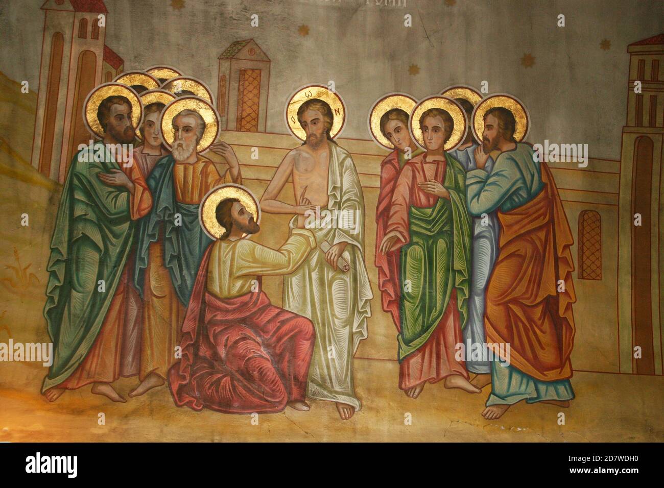 L'église chrétienne orthodoxe de Tifesti, comté de Vrancea, Roumanie. Fresque représentant Jésus apparaissant à l'apôtre Thomas, qui touche son côté. Banque D'Images
