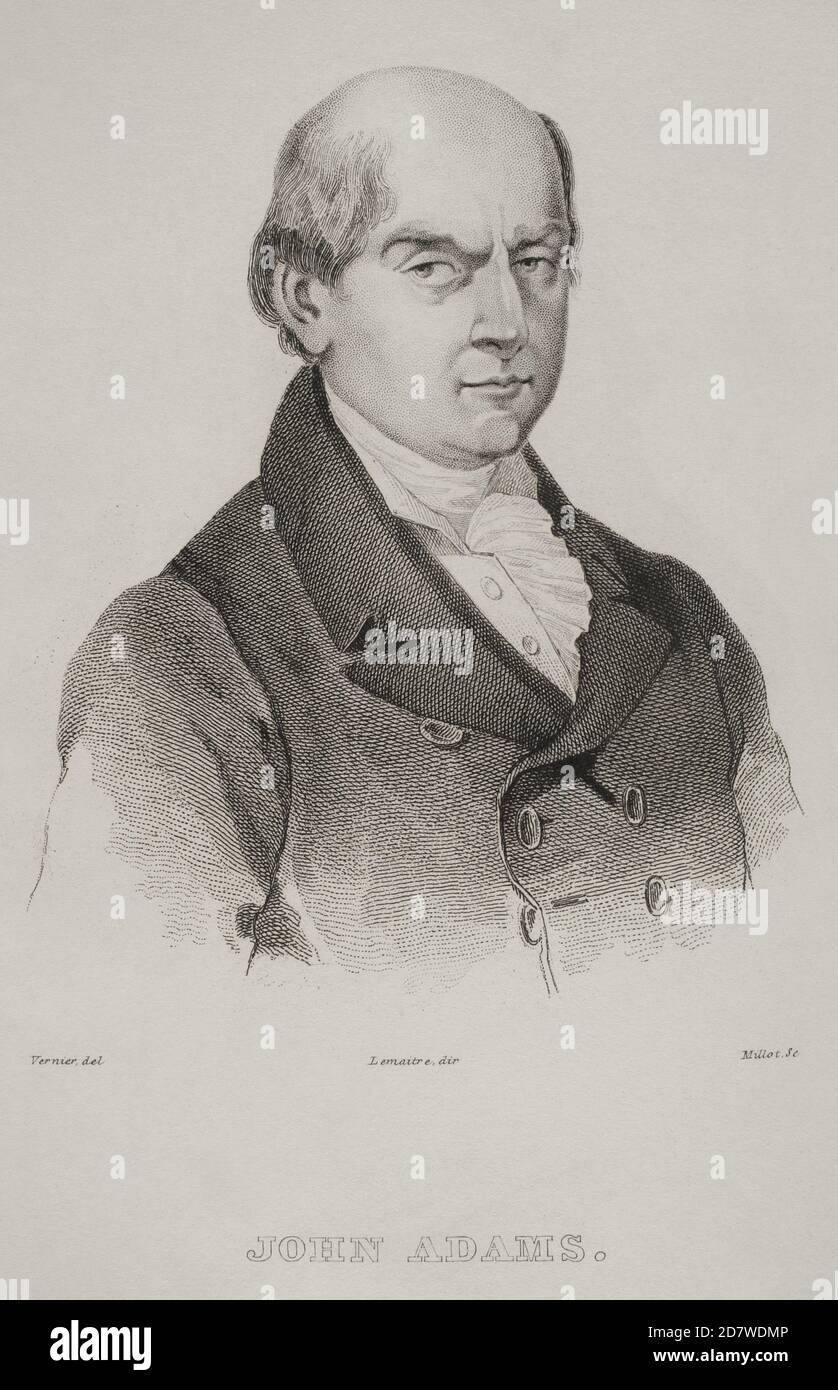 John Adams (1735-1826). Politicien américain. Chef de la révolution américaine. Deuxième président des États-Unis d'Amérique (1797-1801). Portrait. Gravure par Vernier. Panorama universel. Histoire des Etats-Unis d'Amérique, de la 1ère édition de Jean B.G. Les États-Unis d'Amérique du Roux de Rochelle en 1837. Édition espagnole, imprimée à Barcelone, 1850. Banque D'Images John Adams (1735-1826). Politicien américain. Chef de la révolution américaine. Deuxième président des États-Unis d'Amérique (1797-1801). Portrait. Gravure par Vernier. Panorama universel. Histoire des Etats-Unis d'Amérique, de la 1ère édition de Jean B.G. Les États-Unis d'Amérique du Roux de Rochelle en 1837. Édition espagnole, imprimée à Barcelone, 1850. Banque D'Images