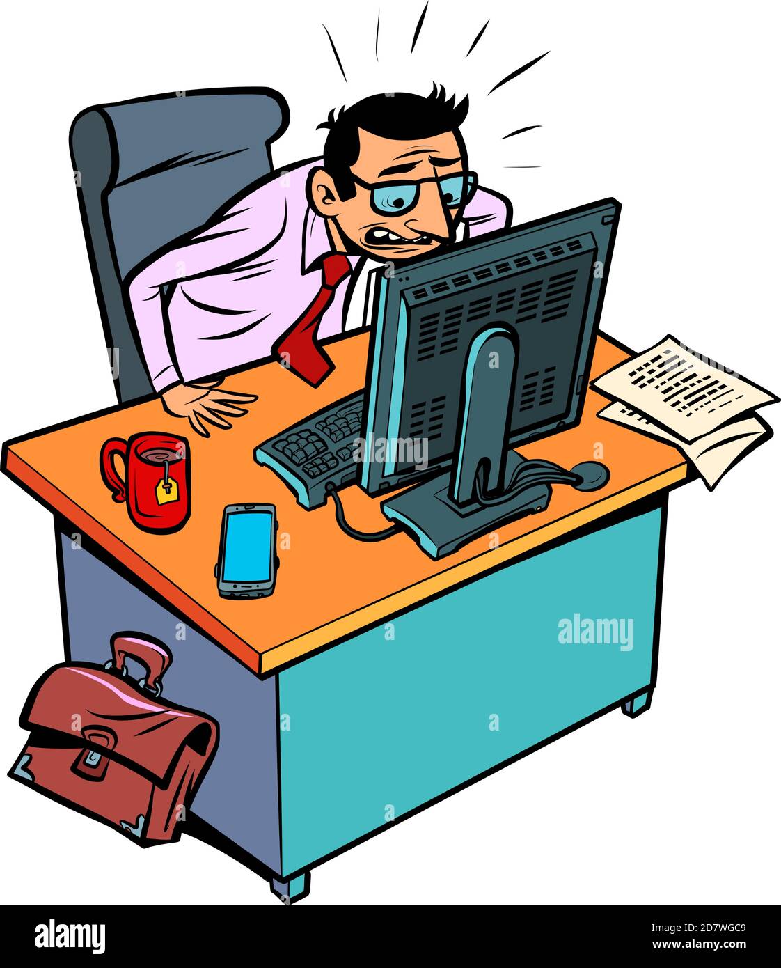 un homme d'affaires inquiet et en colère travaille dans un bureau de un ordinateur Illustration de Vecteur
